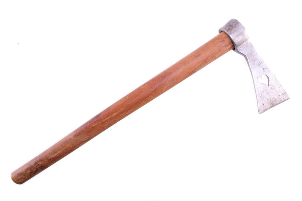 Wild West Show Tomahawk w/ Weeping Heart Cutout: The lot features a tomahawk with weeping heart cutout attributed to the use as a prop in Wild West Shows. The piece was sold by Reata Pass Auctions in a collection of Miller Brothers 101 Ranch Wild We