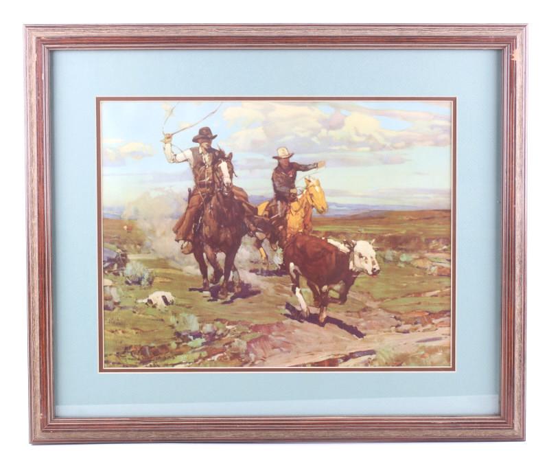 Roping Mavericks by Frank Tenney Johnson Painting: Included in this lot is a framed "Roping the Mavericks", 1936 lithograph, by Frank Tenney Johnson. Frank Tenney Johnson (June 26, 1874 – January 1, 1939) was a painter of the Old American West who p