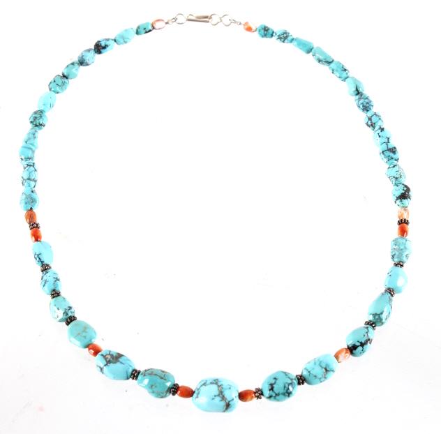 Navajo Silver Turquoise & Carnelian Necklace: For your consideration is this Navajo Native American silver, sleeping beauty turquoise, and orange carnelian necklace. The necklace shows 37 sleeping beauty polished turquoise stones with ten finely 