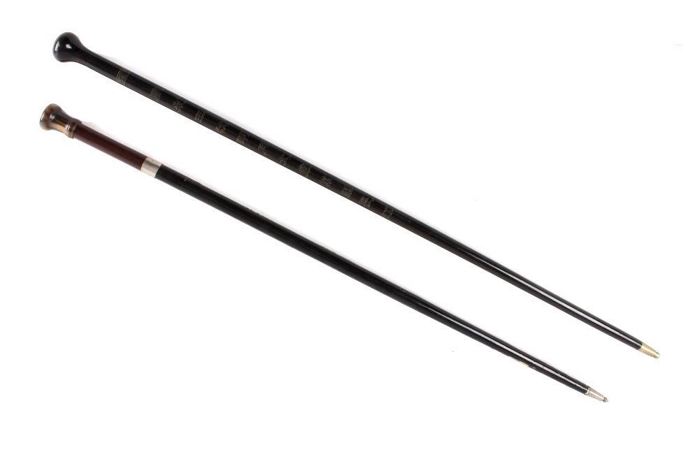 20th C. Chinese Turned Wood Bone & Composite Canes: For your consideration are these canes—a 20th C. Chinese turned wood cane with a bone knob handle and a composite knob cane with a spike tip. The first cane shows turned wooden construction with two