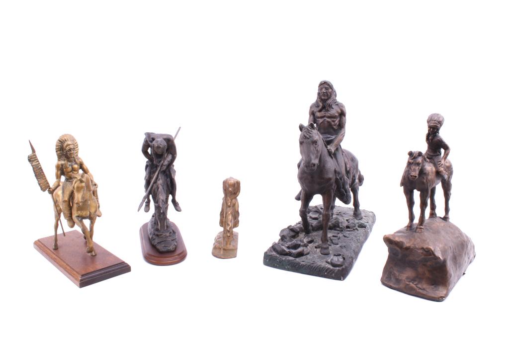 Collection Of Indian Braves On Horseback Statues: For your consideration is this collection of statues of Native American braves on horseback. The first figure is a chief with a lance and full headdress on a prancing horse. This statue is made of cas