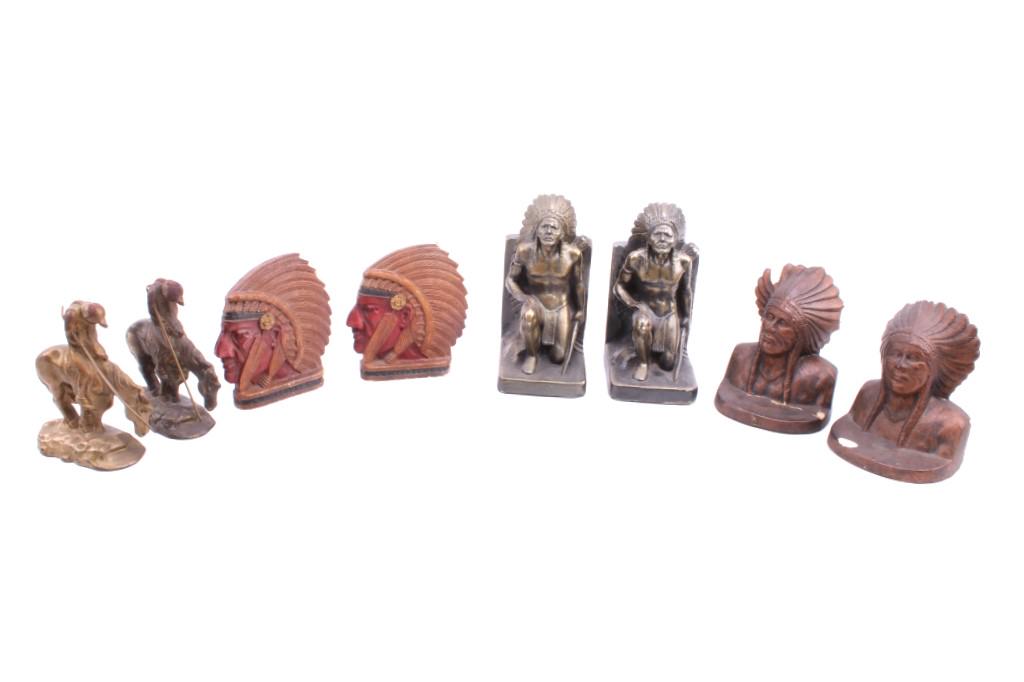 Collection of Native American Chief Bookends: In this lot is a collection of four pairs of bookends that are Native American Chief themed. First is a pair of cast iron "End of The Trail" style bookends. These book ends are based off the famous "E