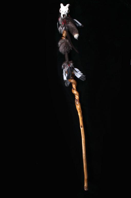 1900's Blackfeet Indian Lodge Pole Medicine Staff: Featured in this lot we have a Blackfeet Native American Indian lodge pole medicine staff originating from the mid to late 1900's. The staff displays a twisted pine construction accented with fur wrap