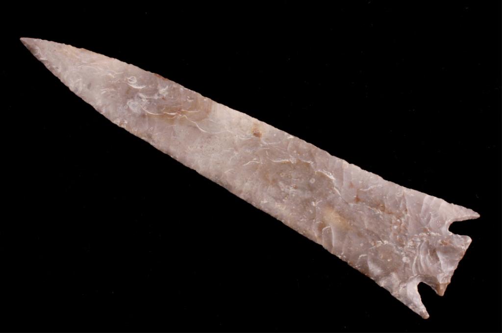 Lost Lake Spear Point: For your consideration is this huge Lost Lake spear point. This is a gigantic, triangular corner notch spear point. The cross section shows an elliptical example and is knapped with a semi sharp serra