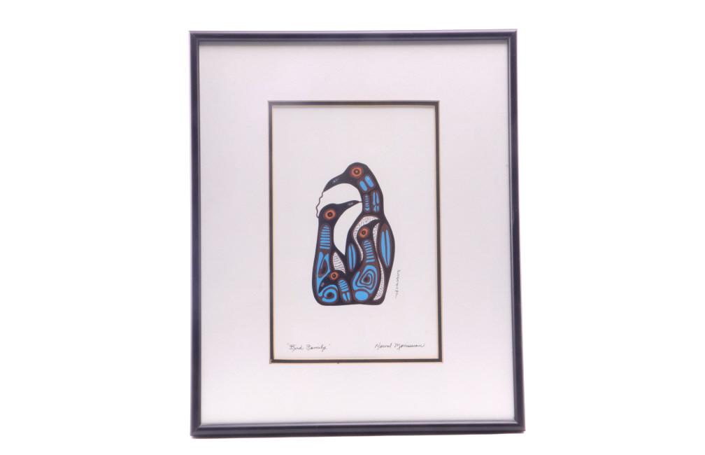 Ojibway Norval Morrisseau Bird Family Card Series: Featured in this lot is this Woodland Indian Art Card Series, called "Bird Family," by Ojibway artist Norval Morrisseau. This lot features tribal pictography of a "Bird Family"; the artist’s signatu