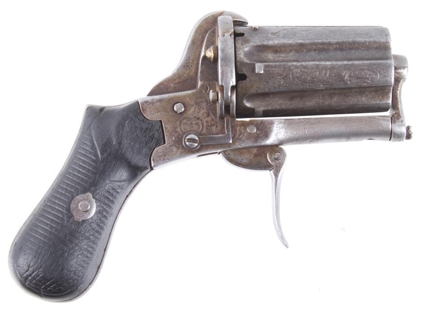 Engraved Belgium 28 Cal Pinfire Pepperbox Revolver: Included in this lot is an engraved Blegium Pinfire pepperbox style revolver chambered in .28 caliber. The revolver features a six shot fluted cylinder, metal frame, and hard rubber checkered grips. T