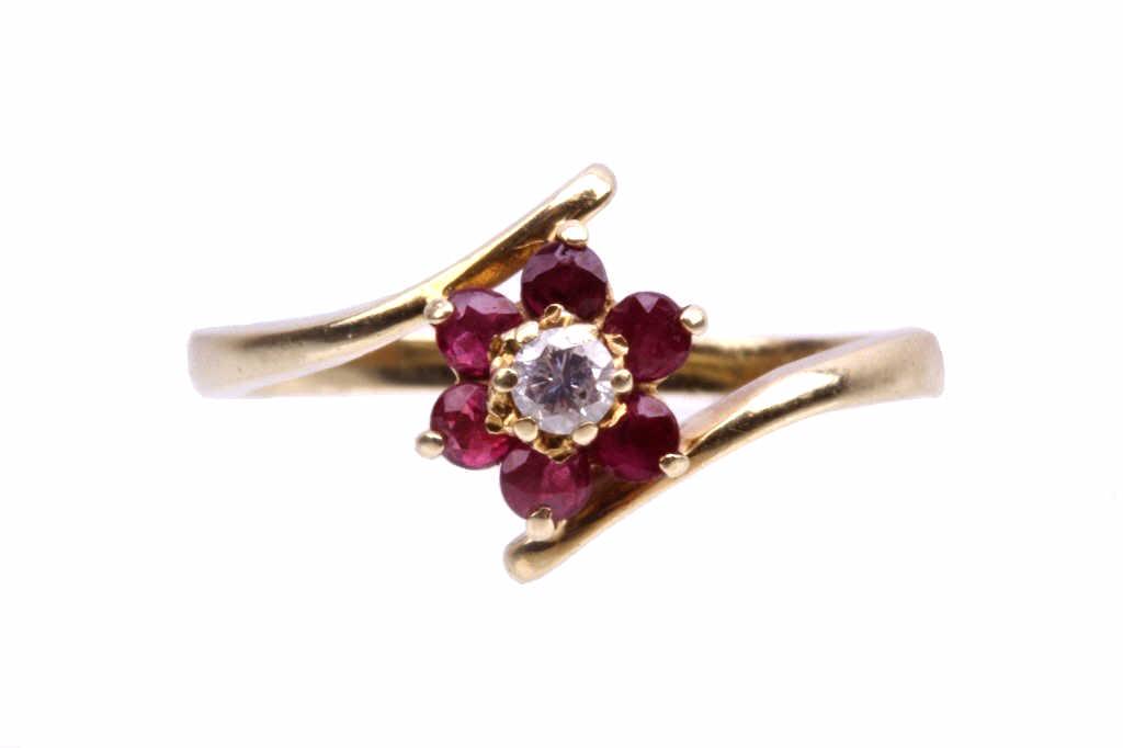 1940's Estate 14K Gold Diamond Spinel Flower Ring (1 of 20)
