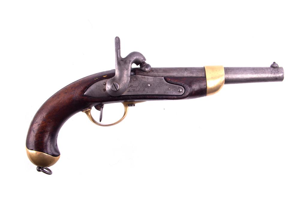 French Charleville Model 1822 Conversion Pistol: Included in this lot is a French Charleville 69 gauge model 1822 percussion cap conversion pistol. The pistol features an 8" round barrel, walnut grip, brass accents, and percussion hammer system. The