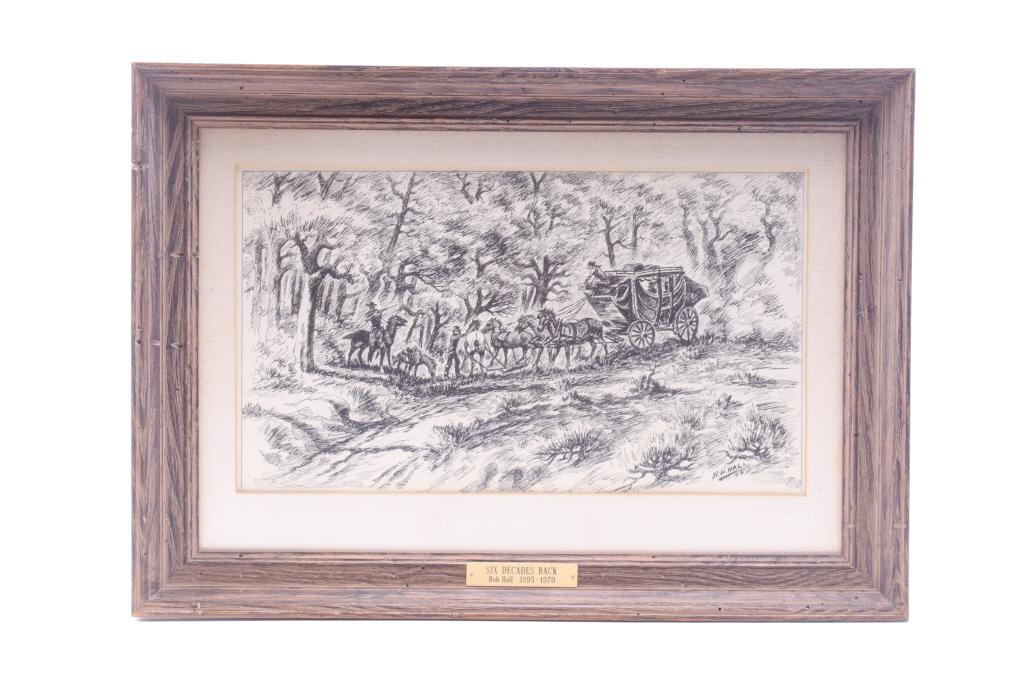 R.H. Hall (1895-1970) Framed Ink & Pen c. 1935: Featured in this lot is this R.H. Hall (1895-1970) framed ink and pen artwork from 1935. This artwork is considered pen and ink and is a scene of a stagecoach robbery in a lush forest by two armed men