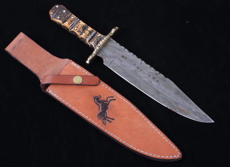 Colt Damascus Antler Handle Bowie Knife & Sheath (1 of 19)
