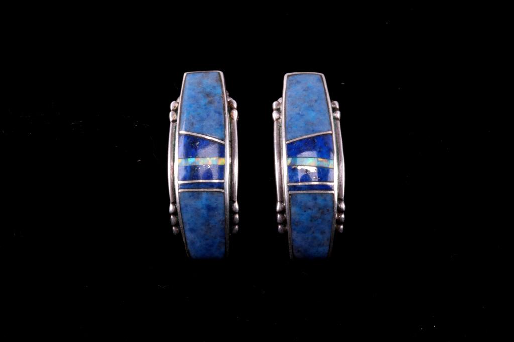 Navajo Sterling & Stormy Mountain Inlaid Earrings: Included in this lot is a pair of signed Navajo Native American, Kary Begay sterling silver, Stormy Mountain turquoise, Lapis Lazuli and Mother of Pearl inlaid earrings. These earrings were expertly m