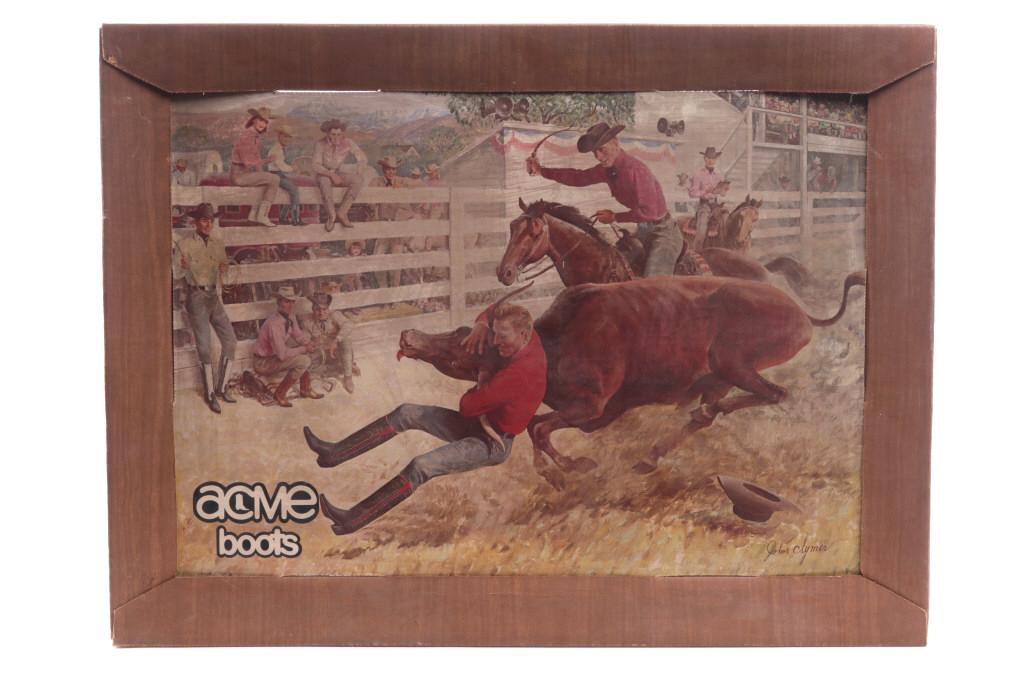 Western Acme Boots Cardboard Frame by John Clymer: Included in this lot is a cardboard frame Acme Boots Western print by John Clymer. John Ford Clymer (1907-1989) was an American painter and illustrator known for his nature works featuring the America