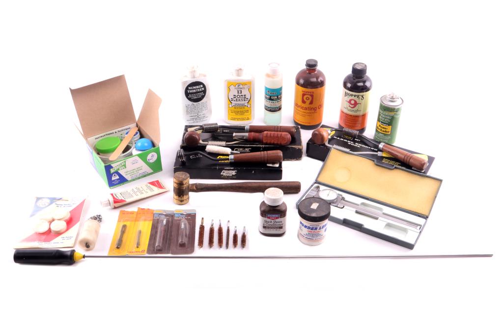 Assorted Firearms Cleaning Tools & Supply's: Featured in this lot are these assorted firearms cleaning tools and supplies. There are three Gunline Tools hand tools with one pair of calipers and an assortment of firearm cleaning and lubricant pro