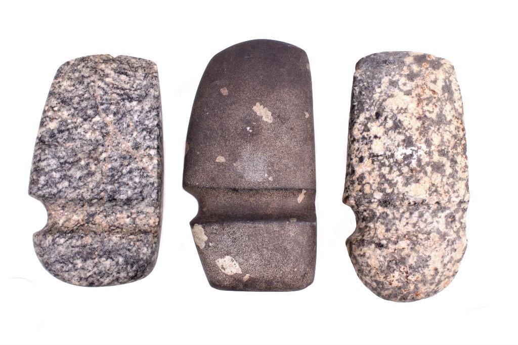 Jefferson County, KY Offset Broad Axe Heads: For your consideration is this Archaic Period (7000-6000), Jefferson County, Kentucky, Offset Deptford axe head or celt collection. The first is constructed from a smoky granite material with an Offse