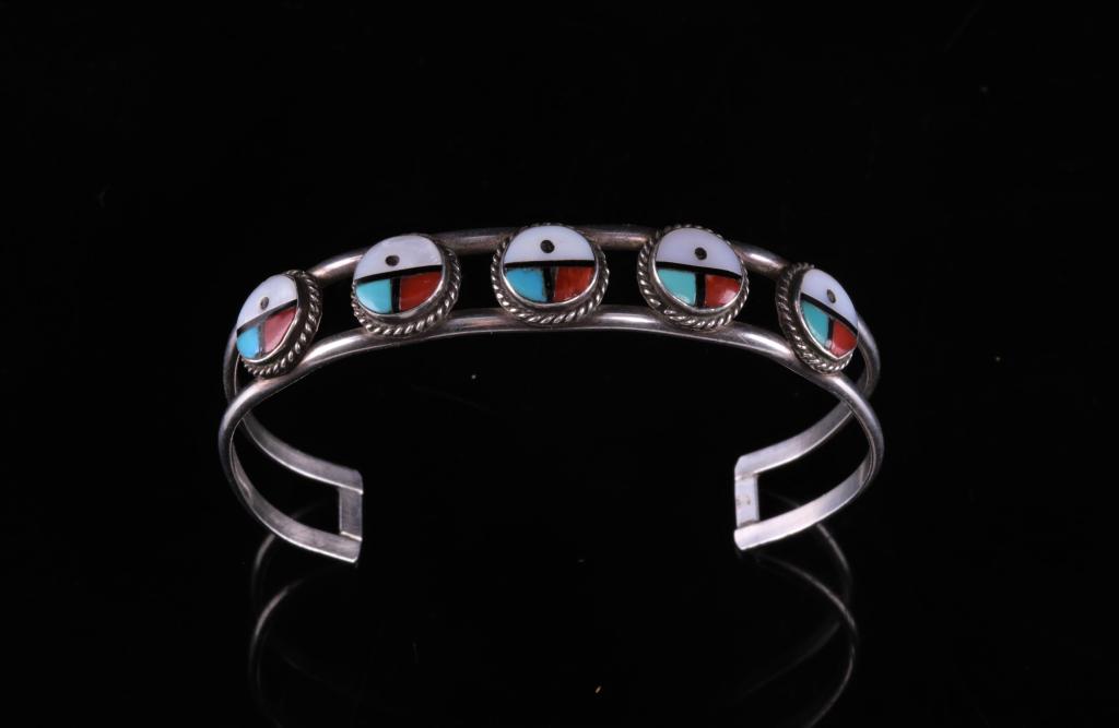 Zuni Sterling Silver & Inlaid Sunface Bracelet (1 of 7)