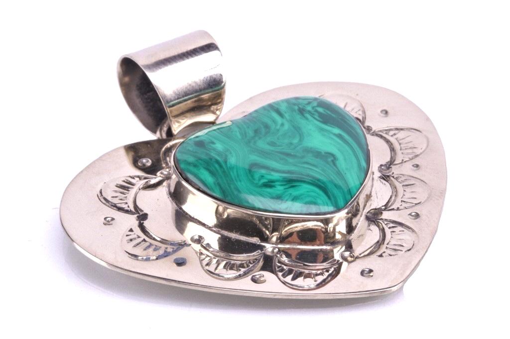 Armand American Horse Malachite Heart Pendant: Included in this lot is a signed Armand American Horse silver and malachite heart pendant. Armand American Horse (1982-) is a Lakota Native American Indian silversmith artist. This piece displays a si