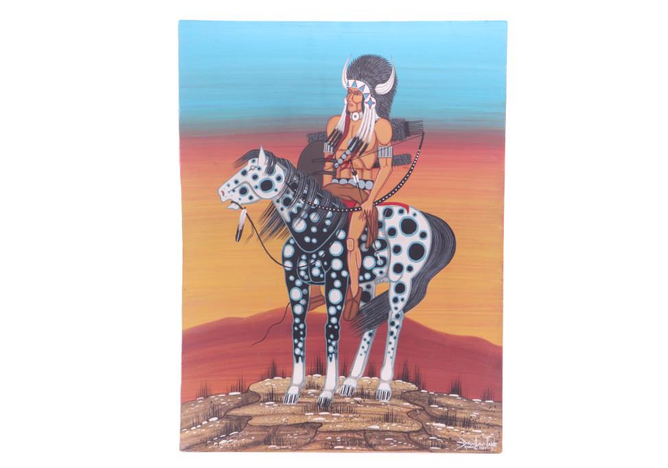2021 Original Dau-Law-Taine Kiowa Painting: Featured in this lot is this original Dau-Law-Taine Kiowa painting, c. 2021. Darwin Tsoodle Kiowa (Dau-Law-Taine) is a Native American artist who was born in Anadarko, Oklahoma and is known for his de