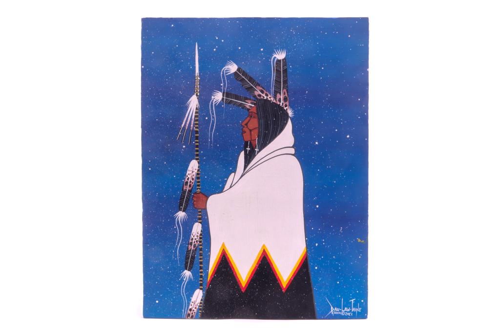 Original Dau-Law-Taine Kiowa Painting 2021: Included in this lot is an original signed Dau-Law-Taine Kiowa painting from 2021. Darwin Tsoodle Kiowa (Dau-Law-Taine) is a Native American artist who was born in Anadarko, Oklahoma and is known for 