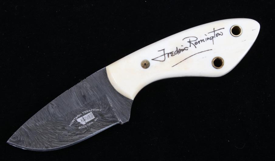 M.T. Frederic Remington Signed Damascus Knife: This is an original Montana Territory Knives of Bozeman, Montana drop point knife with an excellent scrimshaw, Frederic Remington signature. The blade has been forged from 1095HC (High Carbon) steel a