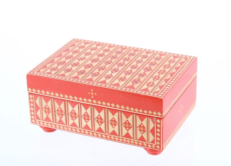 USSR Soviet Russian Trinket Box c. 1970's: Featured in this lot is this trinket box, manufactured in USSR Soviet Russia circa 1970's. The trinket box shows a hardwood construction with a red, gold, and light brown inlaid pieces of wood that sh