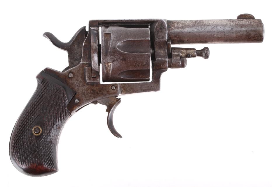 1800's British Bulldog Belgian Made .44 Revolver: This is a British Bulldog .44 revolver manufactured in Belgium and chambered in .44 caliber. The revolver features a 2 1/2" flat top nickel barrel, six shot cylinder, and brown rubber checkered grips.
