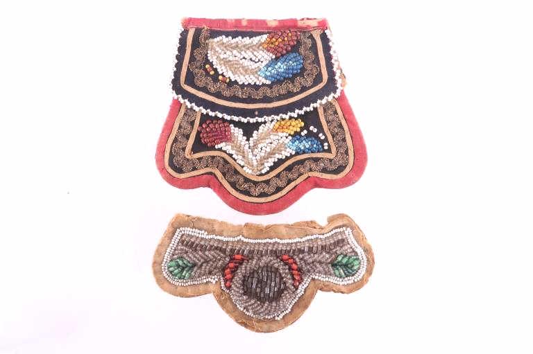 Iroquois Beaded Items from New York State 19th C.: The lot contains two pieces of Iroquois beadwork collected in New York state by Dr. Warren Thompson, dating to the 19th Century. The first item is a beaded pouch comprised of old trade cloth with red