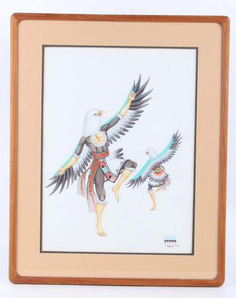 M. Medina Original Eagle Spirit Dancer Painting: Offered in this lot is an exceptional original water color by Zia Pueblo artist, Marcellus Medina (b. 1954-). He was born into a family of famous Zia potters and his mother was Sofia Medina. Marcellus