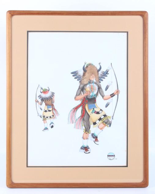 M. Medina Original Indian Buffalo Dancer Painting: Offered in this lot is an exceptional original water color by Zia Pueblo artist, Marcellus Medina (b. 1954-). He was born into a family of famous Zia potters and his mother was Sofia Medina. Marcellus