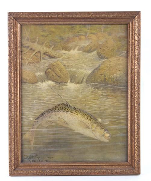 1920 Robert Lindneux Rainbow Trout Framed Print: Offered in this lot is a framed print of a 1920 Robert Lindneux (1871-1970) Rainbow trout painting. This print has a wonderful aged tone to it. The print is signed and dated in the lower left corner.