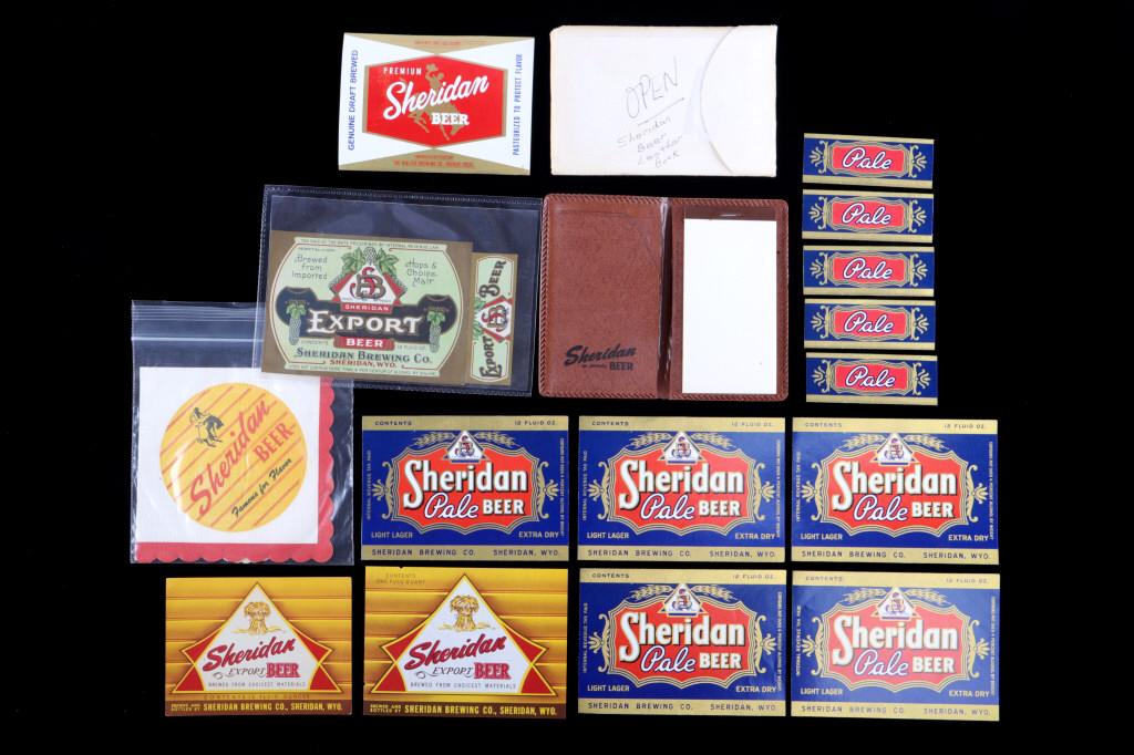 Rare pre 1955 Sheridan (Wyoming) Beer Ephemera: Offered in this lot is a collection of pre-1955 New Old Stock labels, a promotional Leather covered note book, and a napkin and coaster from Sheridan Beer, Sheridan Wyoming. Peter Demple, along with h