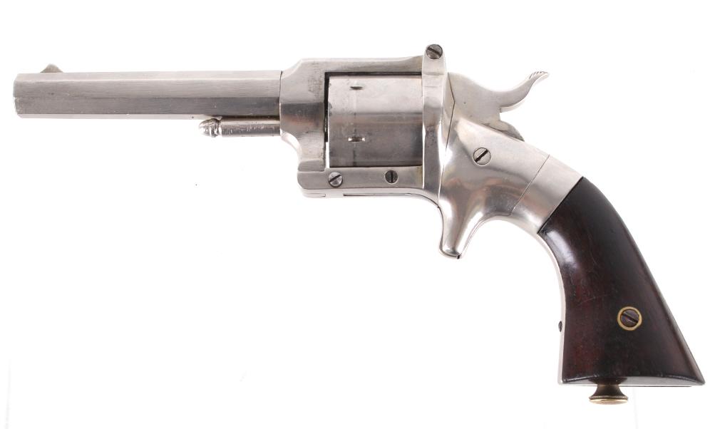 Lucius Pond .32 Cal Spur Trigger Pocket Revolver: Featured in this lot we have a Lucius Pond single action spur trigger pocket revolver chambered in .32 Caliber. The revolver features a six shot cylinder, walnut grips, 4" long octagonal barrel, tip u