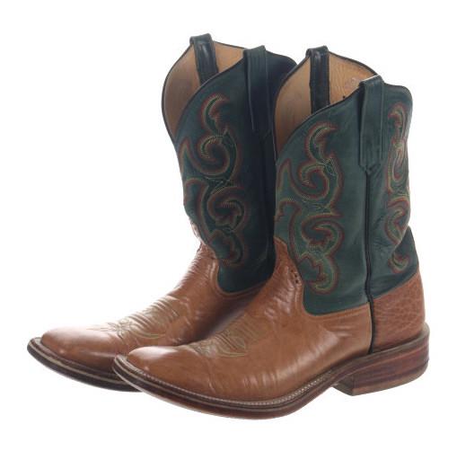 Rios of Mercedes Genuine Leather Cowboy Boots: Featured in this lot is this genuine leather cowboy boots from Rios of Mercedes out of Mercedes, Texas. The boots feature two layers, with the top layer featuring light brown genuine leather with gree