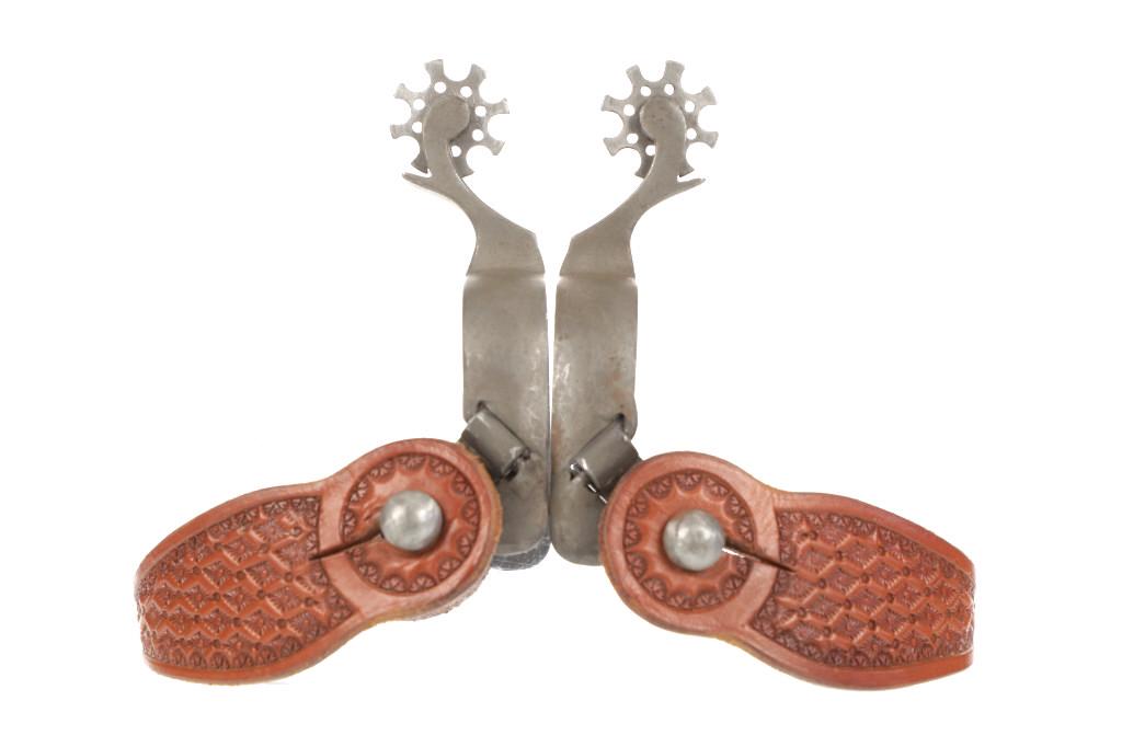 Shop Made Rough Stainless Steel Cowboy Spurs: Featured in this lot is this shop-made rough stainless steel cowboy spurs, circa 1960's. These spurs show wonderfully and professionally crafted spurs with a very unique shop-made rowel with a roughou