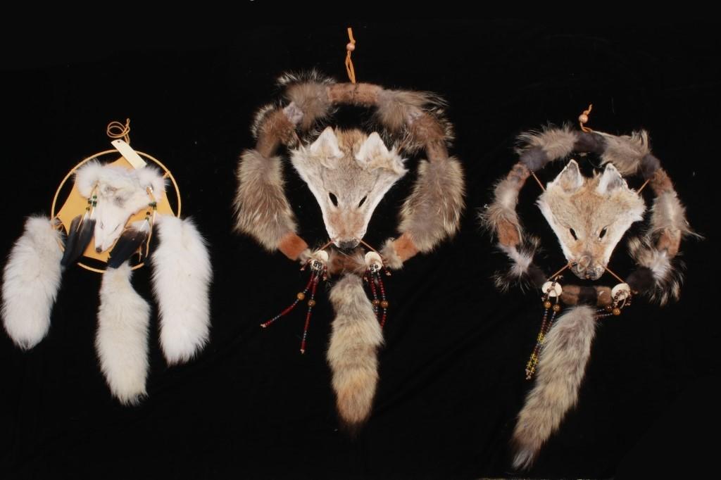 Coyote & Fox Hide Spirit Shield Mandela Collection: Offered in this lot is a set of Coyote and Fox hide Spirit Shield Mandelas. Spirit shield/Mandelas are made with natural Coyote and Fox head pelts as the center focal point. On the larger of the two S