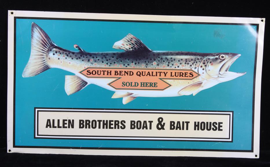 Allen Brothers Boat & Bait House Vintage Sign: Featured in this lot is this Allen Brothers Boat & Bait House vintage sign. The sign features tin construction with a trout shown on a turquoise field and reads, “South Bend Quality Lures Sold H