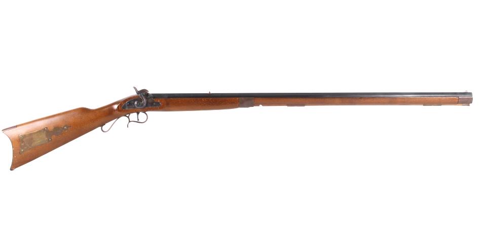Italian Kentucky Long Percussion Rifle 45 Caliber: Included in this lot is a Black Powder percussion cap Italian rifle chambered in .45 Caliber. The rifle was manufactured in Italy. The rifle displays a 34" long octagonal barrel, brass trigger guard, 