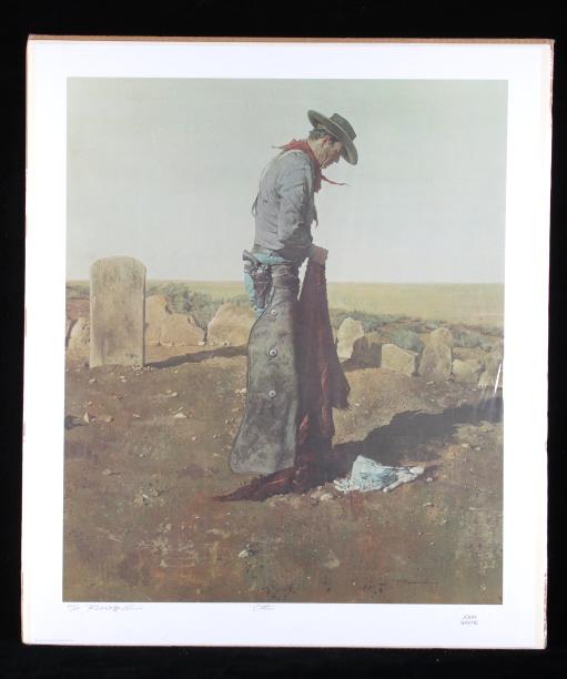 Robert McGinnis John Wayne Ethan Chromolithograph: Featured in this lot is this 1980 chromolithograph of John Wayne as character Ethan from the film “The Searchers” by Robert McGinnis. The chromolithograph shows John Wayne in batwing chaps with a 