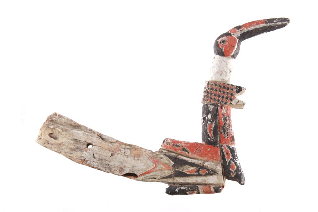 Polychrome Wood African Crane Bird Totem: For your bidding pleasure in this lot is a polychrome African crane totem. This totem appears to be carved from a single piece of wood. It is painted in a grey, black, and red style. On the base of th