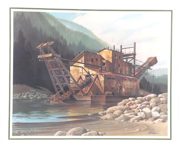 Dixon Paper Company "Gold Dredge" by Brogan: This 1993 Dixon Paper Company calendar illustration was done by Montana born, Colorado artist Rick Brogan. Brogan captures the Yankee Fork gold dredge located in central Idaho near the Salmon River. R