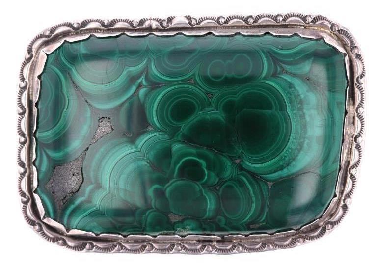 Navajo Large Sterling & Malachite Belt Buckle: Featured in this lot is this Navajo sterling silver and large malachite cabochon belt buckle. The belt buckle shows wonderfully and professionally crafted sterling silver construction and features an
