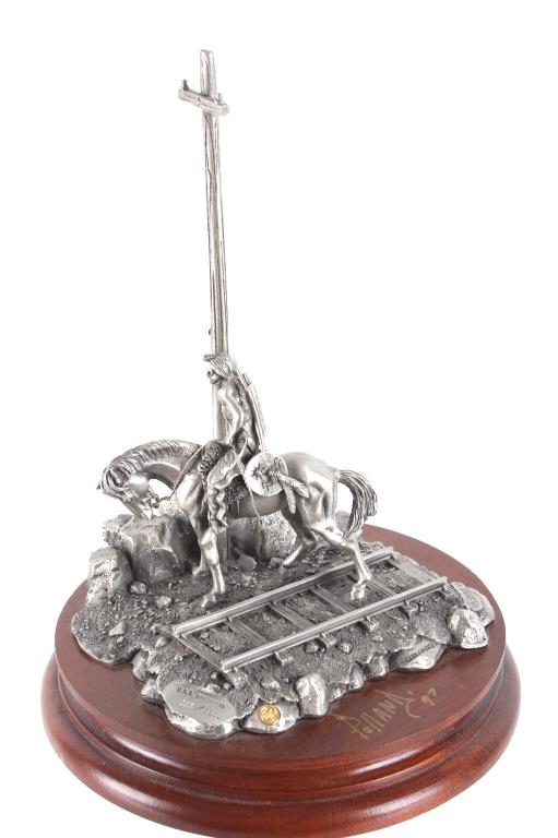 Polland Autographed Pewter, "Singing Wires": Featured in this lot is a fine pewter sculpture for Chilmark Fine Pewter by Western and Wildlife artist, Don Pollard, titled "Singing Wires". The coming of the white man meant more than just an infusi
