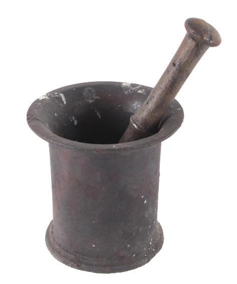 Apothecary Pharmacy Mortar & Pestle Cast Iron: Featured in this lost is an antique cast-iron apothecary mortar & pestle. The mortar and pestle can trace its origin back to the Stone Age. Early civilizations also used mortars and pestles in the fie