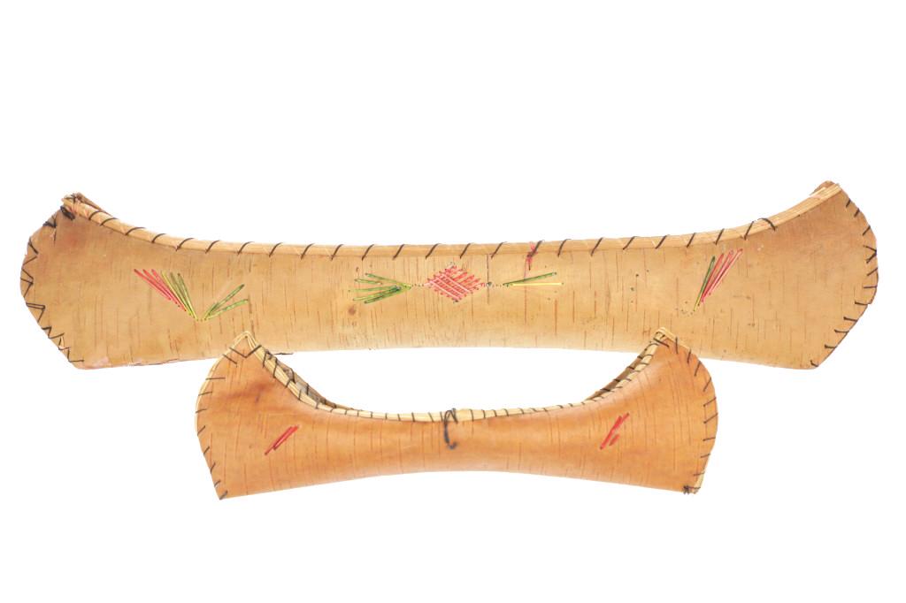American Birch Bark Model Canoes Early 20th C.: The lot features two handmade birch bark model canoes from the early 1900's. The first and largest is stamped "Great Smoky Mtns." and shows porcupine quillwork dyed green, yellow, and red. The smaller