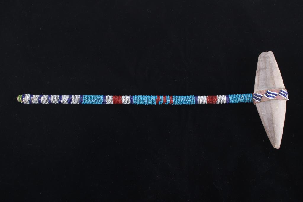 Lakota Sioux Beveled Stone Head Cracker c. 1900: Featured in this lot is this Lakota Sioux beveled stone head cracker circa 1900. The skullcracker features a wonderfully and professionally crafted skull cracker That features a birfurcated stone as i