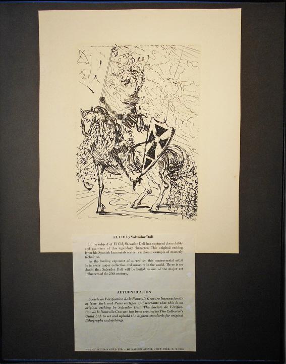 Salvador Dali (1904-1989) Original Etching El Cid: This is an original etching of El Cid by Salvador Dali with original Collectors Guild Certificate of Authentication from the Societe de Verification de la Nouvell Gravure International of New York and