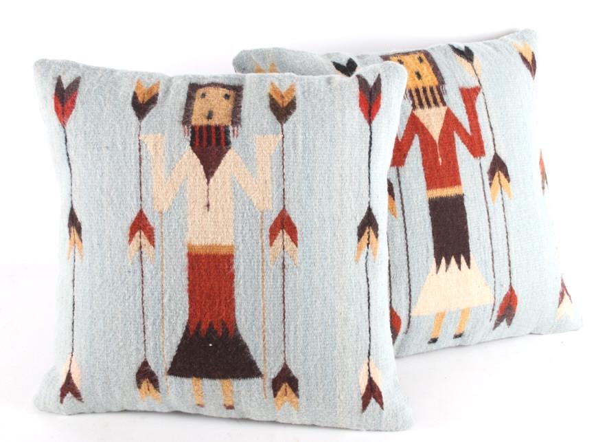 Yei Bi Chei Set of Pillows by Pedro Sosa: The lot features a matched set of two excellent hand woven flat weave pillows by master weaver Pedro Sosa. The pillows were made using 100% soft, fine Churro Wool yarns. Churro wool is a time-tested f