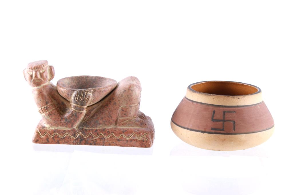 Mesoamerican & Navajo Pottery 1900's Collection: Offered for your consideration in this lot are two early 1900's reproductions of ancient artifacts. The first is a clay figurine of a Mesoamerican style, reclining man with an offering bowl. The piece