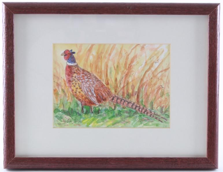 Hodges, Dave (1949 -) "Ringneck" Watercolor: Featured in this lot is this watercolor and pen called "Ringneck," by Montana artist Dave Hodges. This is a watercolor and pen constructed of a ring-neck pheasant standing in a field with tall grass i