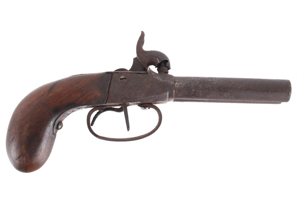 19th Century Double Barrel Percussion Cap Pistol: Featured in this lot we have a double barreled percussion cap black powder pistol originating from the mid 1800's. The pistol displays two 3 1/4" long round barrels, percussion cap hammers, walnut gri