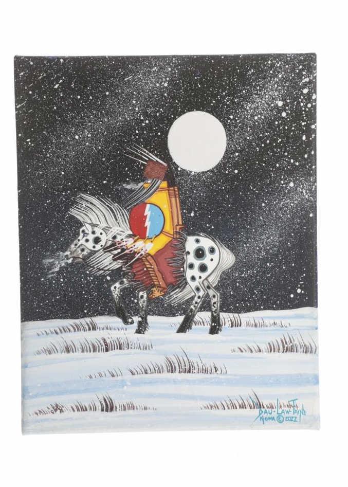 Original Dau-Law-Taine Kiowa Painting 2022: Featured in this lot is this original painting circa 2022 by Kiowa artist Dau-Law-Taine. Darwin Tsoodle Kiowa (Dau-Law-Taine) is a Native American artist who was born in Anadarko, Oklahoma and is know
